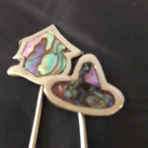 Mexican sterling silver & mother of Pearl snack picks, vintage handmade 4” - Picture 3 of 5